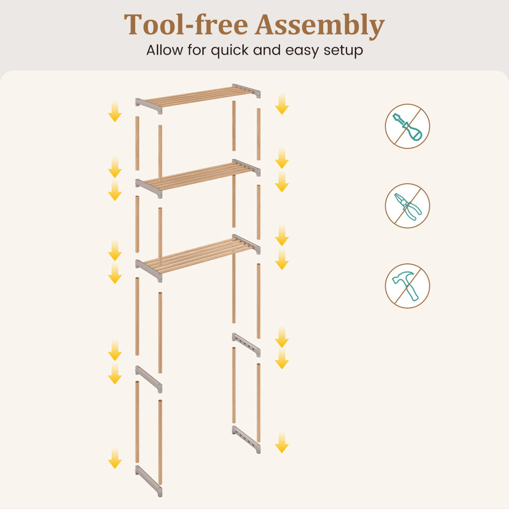 3-tier over-the-toilet storage rack in gray, featuring solid pine wood, tool-free assembly, and rustic charm for.
