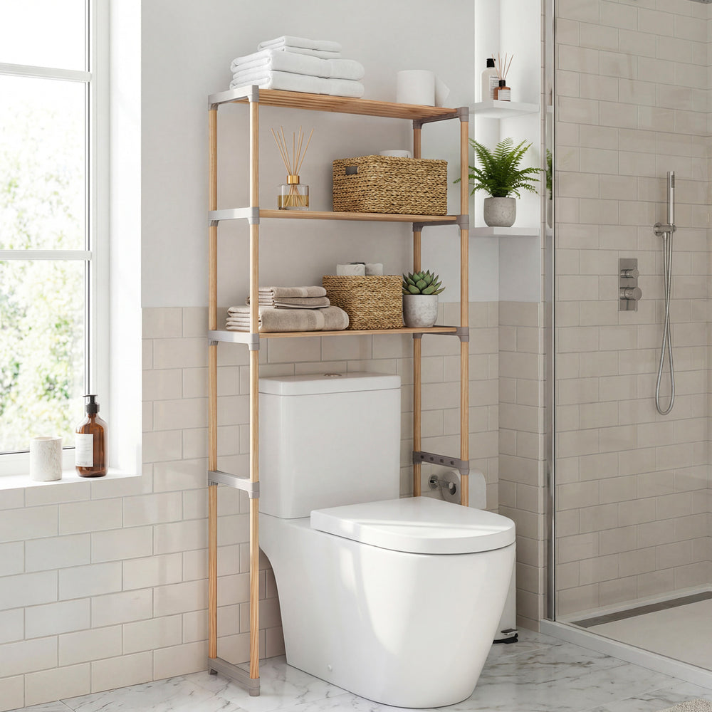 3-tier over the toilet storage rack in gray with open shelves, featuring anti-slip feet for enhanced stability in.