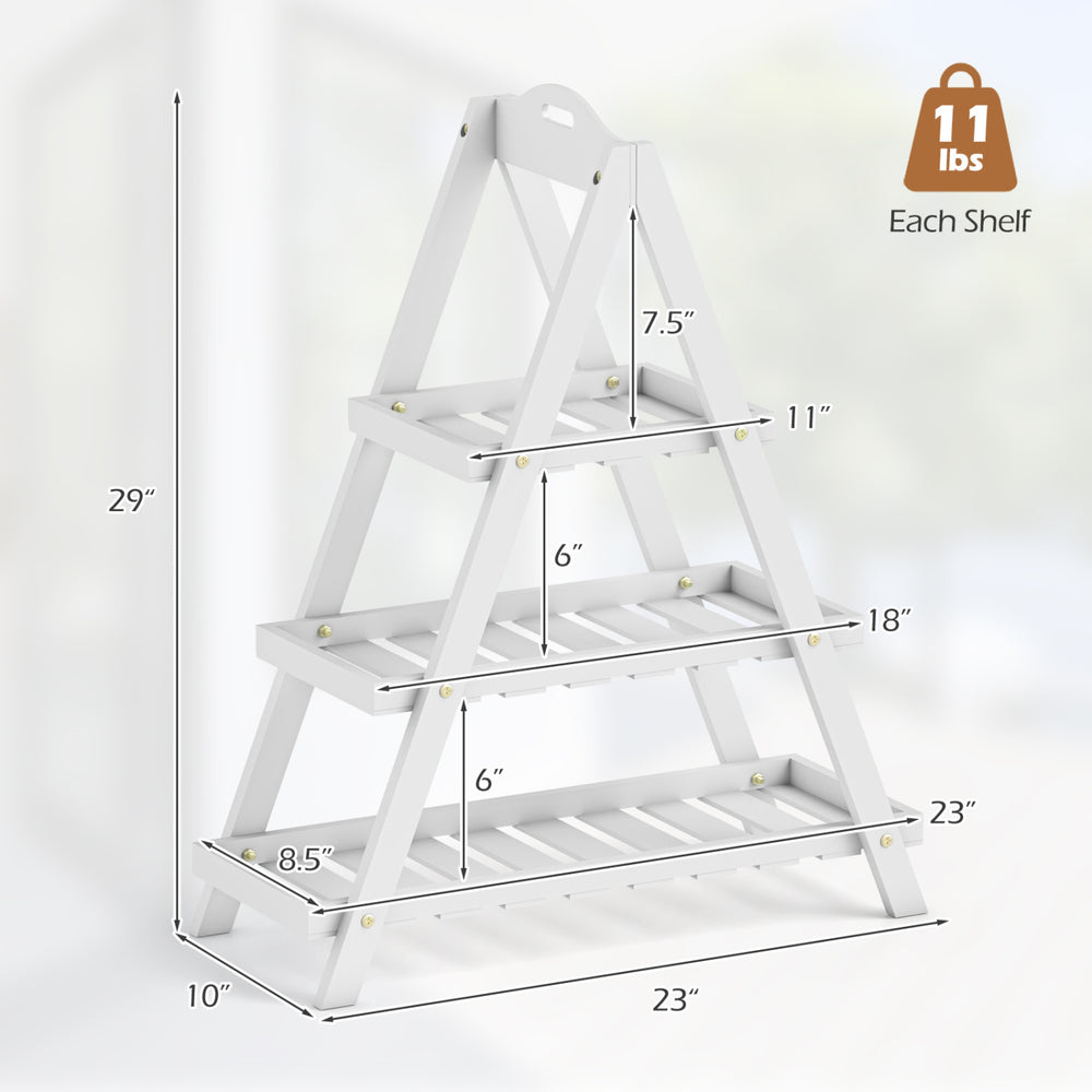 3-tier white plant stand made of fir wood, featuring slatted shelves for air circulation, ideal for indoor or outdoor.