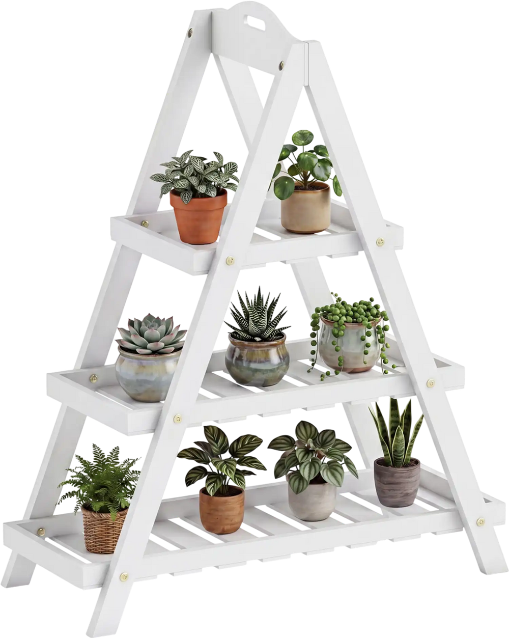 3-tier white plant stand made of solid fir wood, showcasing potted plants for indoor or outdoor use in compact spaces.