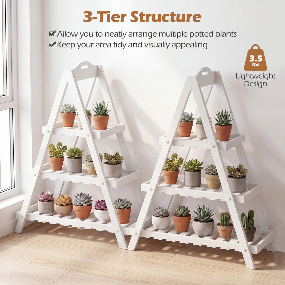 3-tier white plant stand made of fir wood, showcasing potted plants for indoor or outdoor use in compact spaces.
