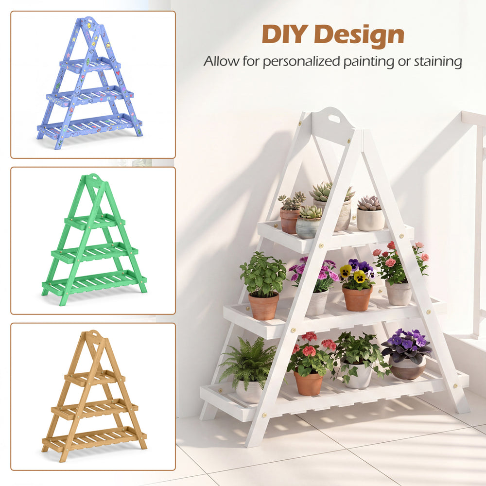 3-tier A-frame plant stand in white, made of solid fir wood, ideal for indoor or outdoor plant display and decoration.