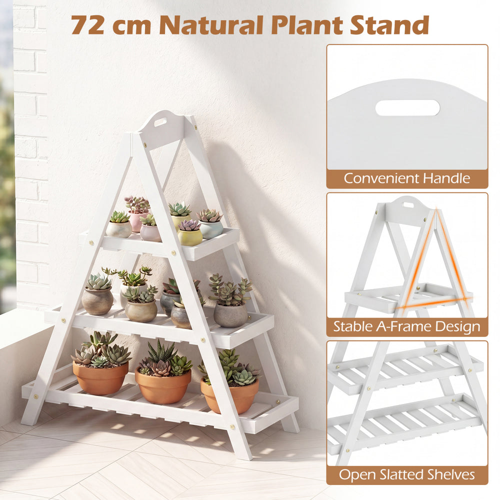 3-tier white plant stand made of solid fir wood, featuring open slatted shelves for indoor or outdoor plant display.