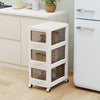 3-tier plastic drawer storage organizer rolling cart with lockable wheels, ideal for kitchen or pantry organization.