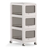 3-tier plastic drawer storage organizer cart with lockable wheels and three transparent drawers for easy access.