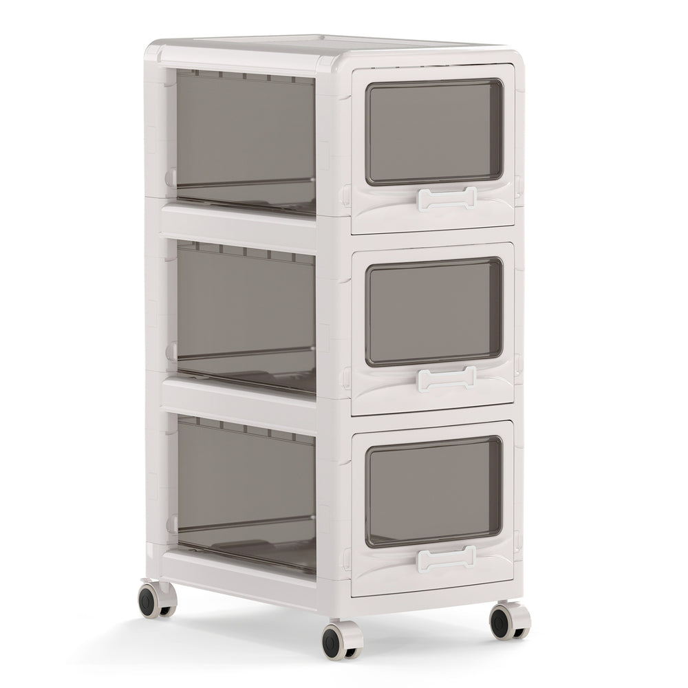 3-tier plastic drawer storage organizer cart with lockable wheels and three transparent drawers for easy access.