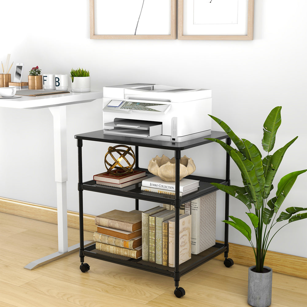 3-tier black printer stand with adjustable shelves and swivel wheels, ideal for organizing office supplies and printers.