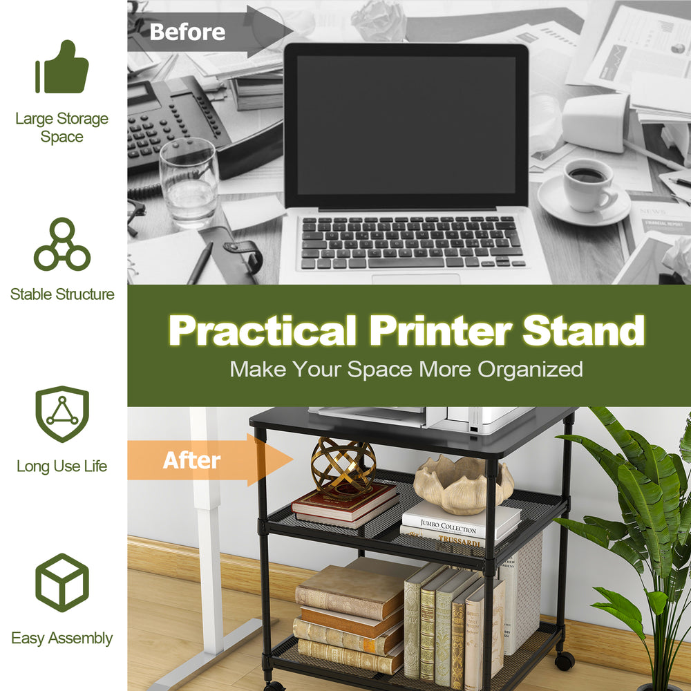 3-tier black printer stand with adjustable shelf and swivel wheels for organized office space and easy mobility.