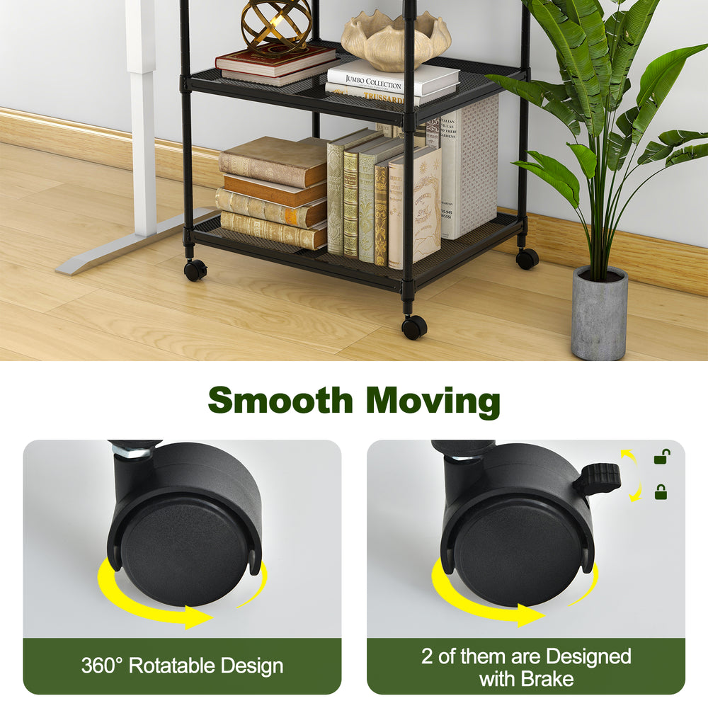 3-tier black printer stand with adjustable shelf and 360° swivel wheels for smooth movement and easy organization.