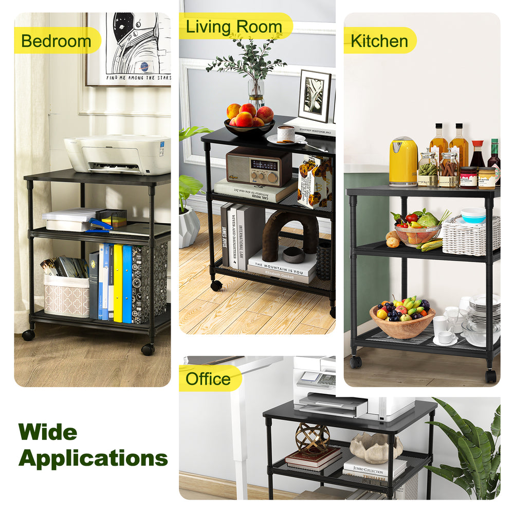 3-tier black printer stand with adjustable shelves and swivel wheels, ideal for office, kitchen, or living room use.