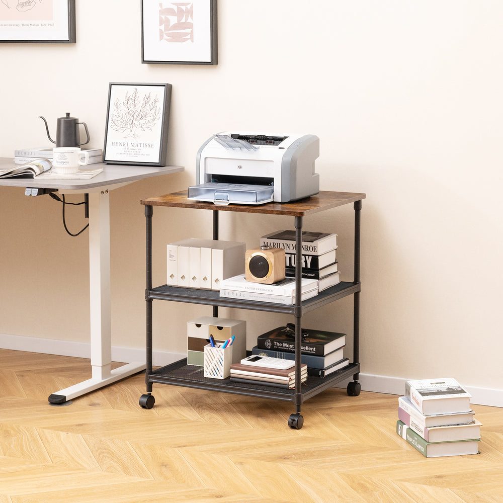 3 Tier Printer Stand Rolling Fax Cart with Adjustable Shelf and Swivel Wheels-Coffee - Gallery View 1 of 7