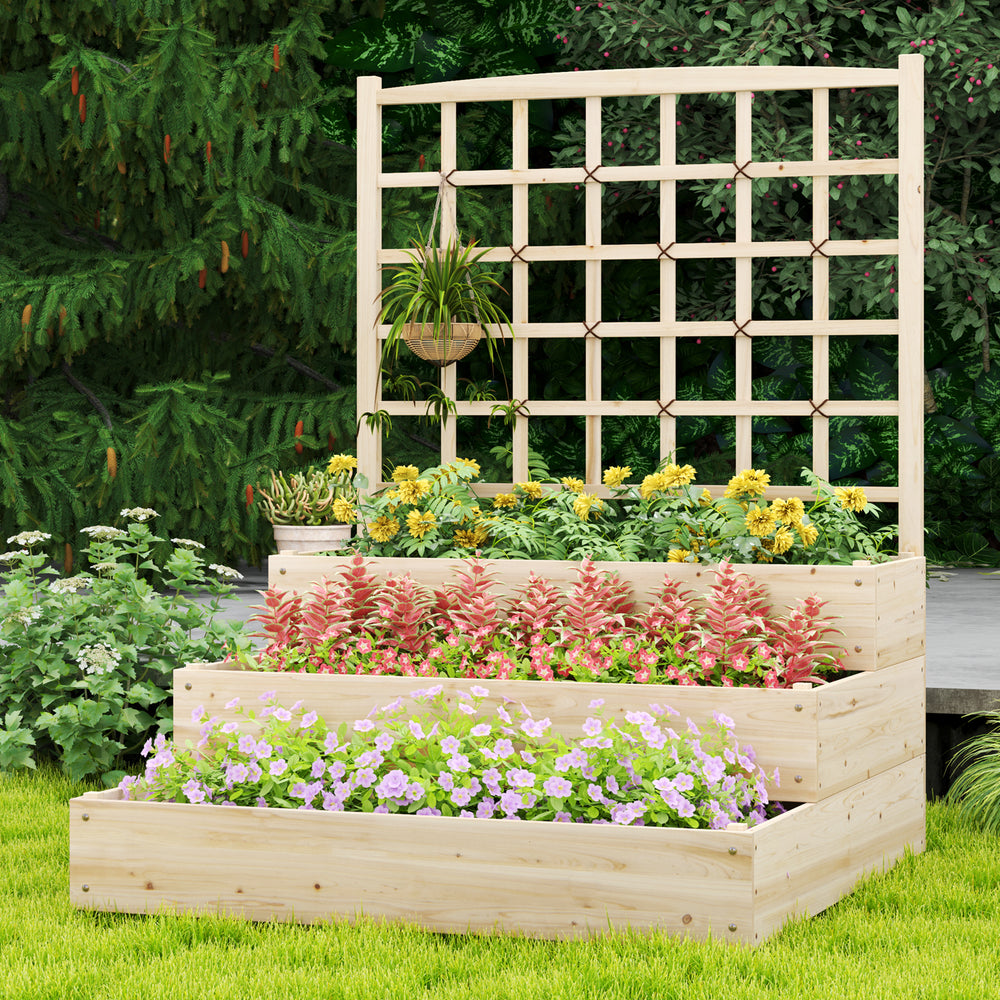 3-tier raised garden bed with lattice trellis, made of fir wood, ideal for flowers and vegetables in outdoor spaces.