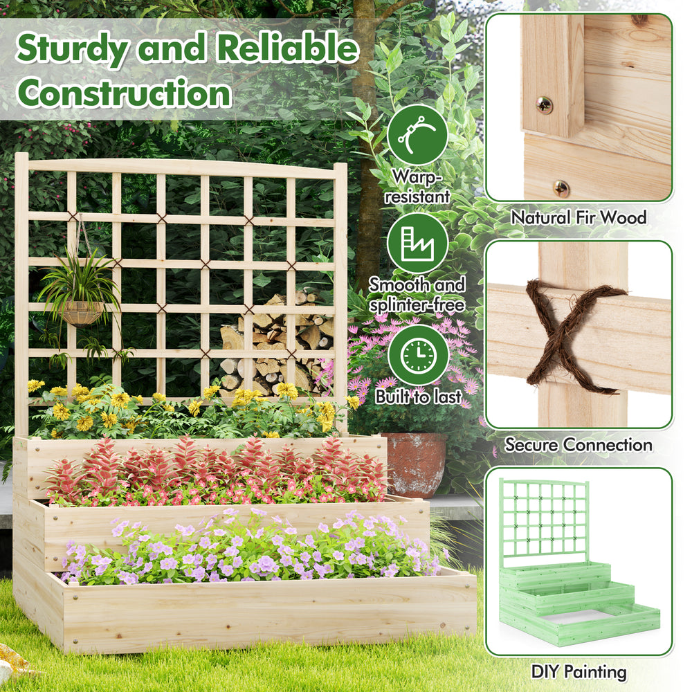 3-tier raised garden bed with lattice trellis made of natural fir wood, ideal for various plants and proper drainage.