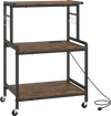 3-tier rolling microwave cart in rustic brown with power outlet, lockable wheels, and 10 hooks for versatile organization.