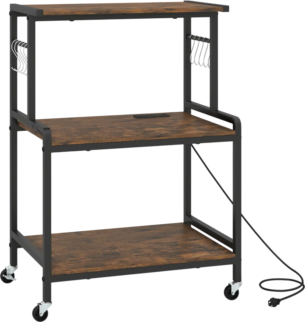 3-tier rolling microwave cart in rustic brown with power outlet, lockable wheels, and 10 hooks for versatile organization.