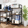 3-tier rolling printer stand with rustic brown shelves, metal frame, and hooks for organized storage in home office.
