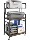 3-tier rolling printer stand showcasing spacious shelves and hooks, perfect for efficient organization in a home office.
