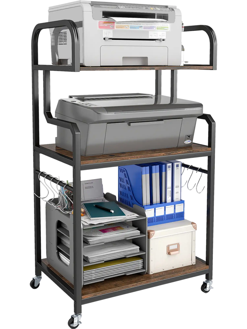 3-tier rolling printer stand showcasing spacious shelves and hooks, perfect for efficient organization in a home office.