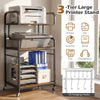3-tier rolling printer stand in rustic brown with storage shelves and 10 hooks for organizing office supplies.