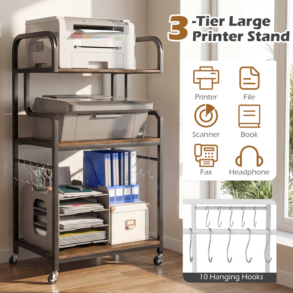 3-tier rolling printer stand in rustic brown with storage shelves and 10 hooks for organizing office supplies.