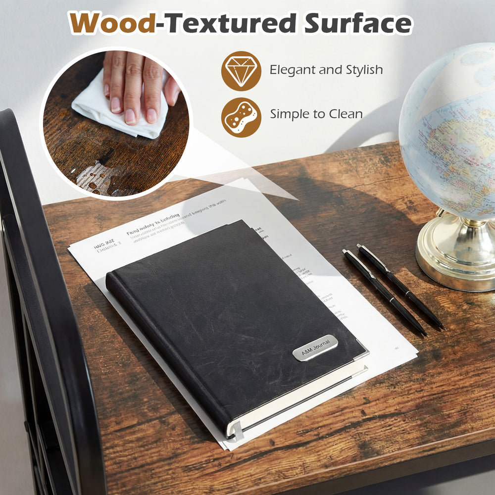3-tier rolling printer stand with a rustic brown wood-textured surface, featuring large shelves and smooth-rolling.