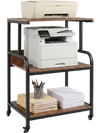 3-tier rolling printer stand in rustic brown with lockable wheels and adjustable shelf, perfect for organizing office supplies.