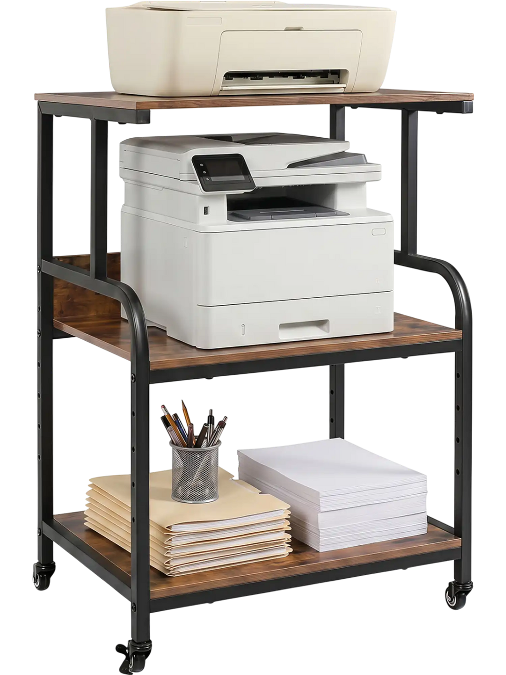 3-tier rolling printer stand in rustic brown with lockable wheels and adjustable shelf, perfect for organizing office supplies.