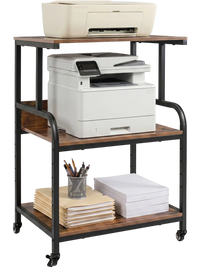 3-tier rolling printer stand in rustic brown with lockable wheels and adjustable shelf, perfect for organizing office supplies.