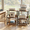 3-tier rolling printer stand in rustic brown with adjustable shelf, lockable wheels, and anti-toppling kits for office use.