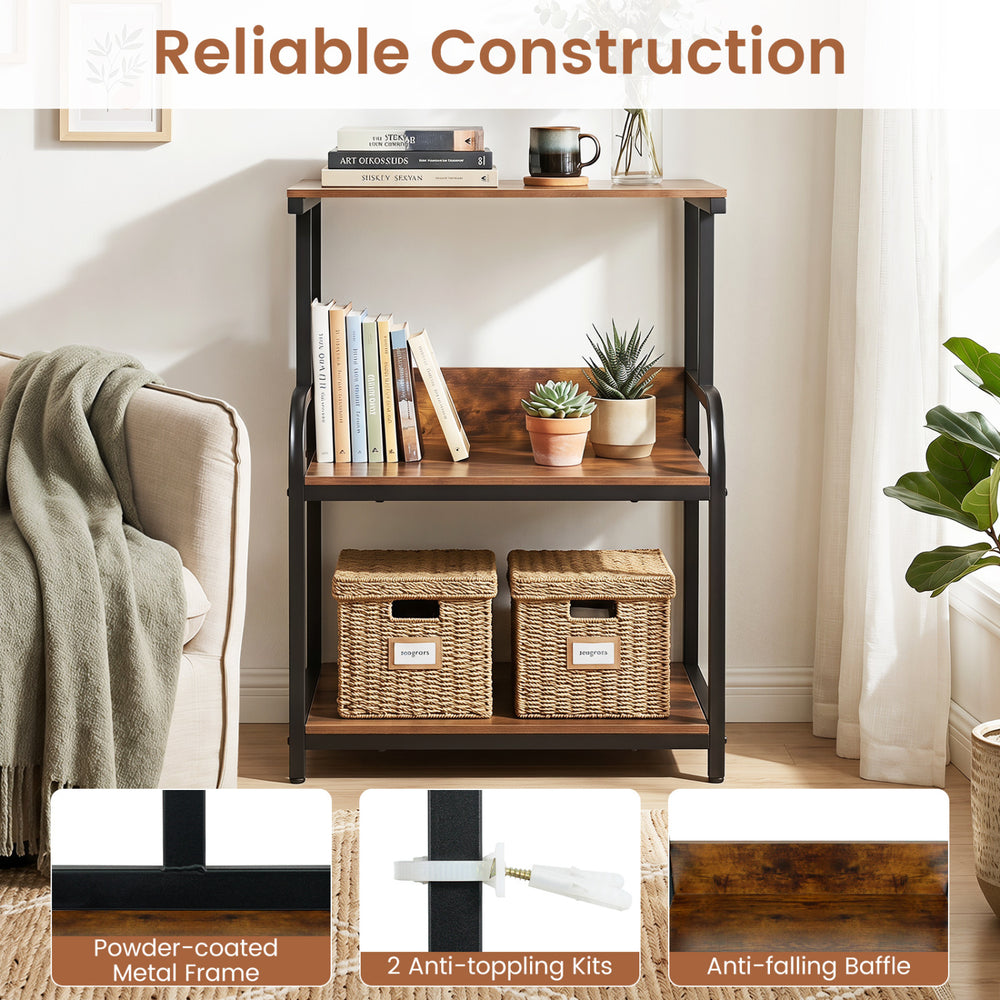 3-tier rolling printer stand in rustic brown features adjustable shelves, lockable wheels, and a sturdy metal frame for stability.