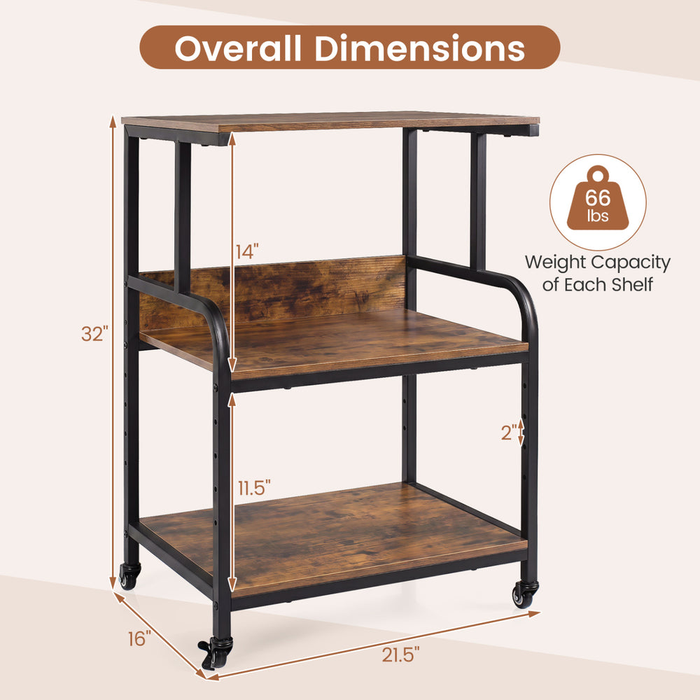 3-tier rolling printer stand in rustic brown with adjustable shelf, lockable wheels, and a weight capacity of 66 lbs.