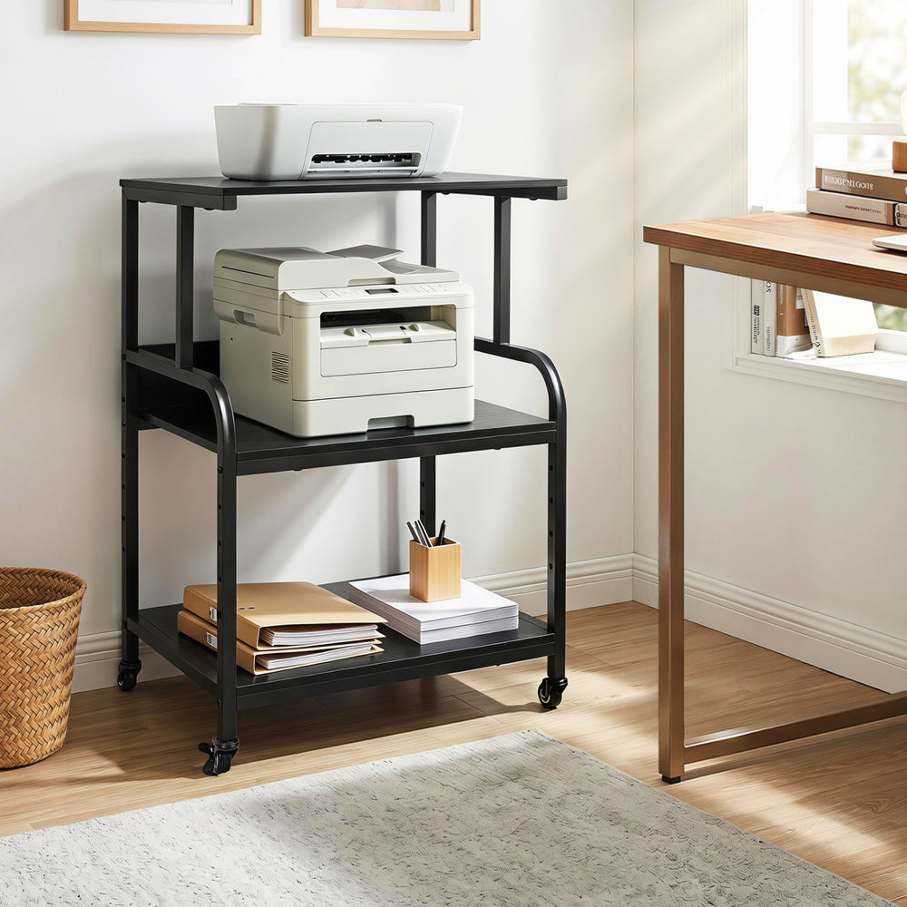 3-Tier Rolling Printer Stand with Adjustable Shelf and Lockable Wheels-Black - Gallery View 1 of 10