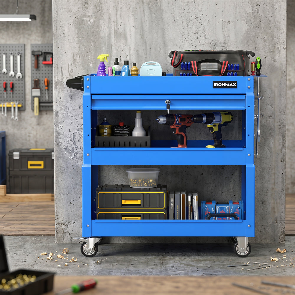 3 Tier Rolling Tool Cart with Lockable Drawer for Garage and Workshop-Blue - Gallery View 1 of 10