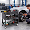3-tier rolling tool cart in black with lockable drawer and side tool slots, ideal for garage and workshop organization.