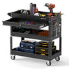 3-tier rolling tool cart in black features a lockable drawer, side tool slots, and smooth-rolling casters for easy mobility.