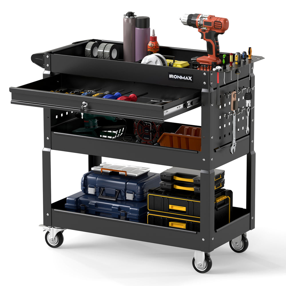 3-tier rolling tool cart in black features a lockable drawer, side tool slots, and smooth-rolling casters for easy mobility.
