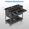3-tier rolling tool cart in black with lockable drawer, pegboards, and casters for easy mobility in workshops.