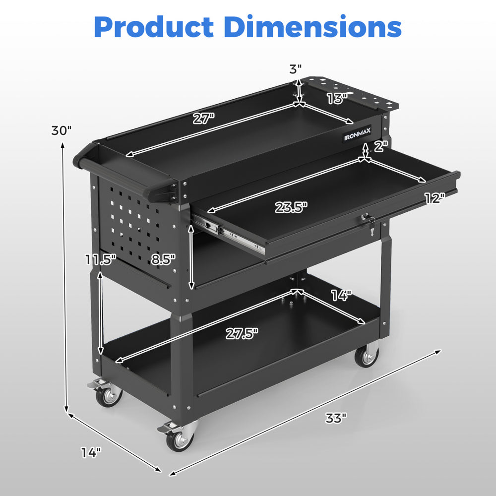 3-tier rolling tool cart in black with lockable drawer, pegboards, and casters for easy mobility in workshops.