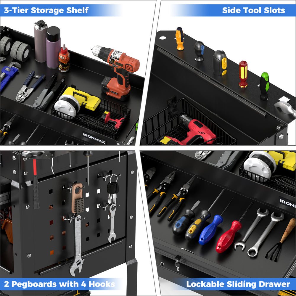 3-tier rolling tool cart in black features a lockable drawer, side tool slots, and pegboards for organized garage storage.