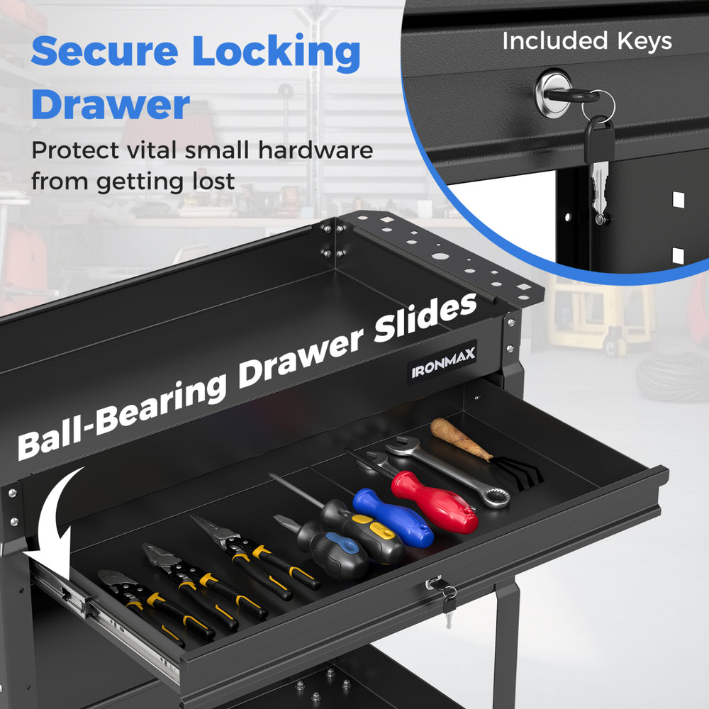 3-tier rolling tool cart in black with a lockable drawer and ball-bearing slides for secure storage in workshops.
