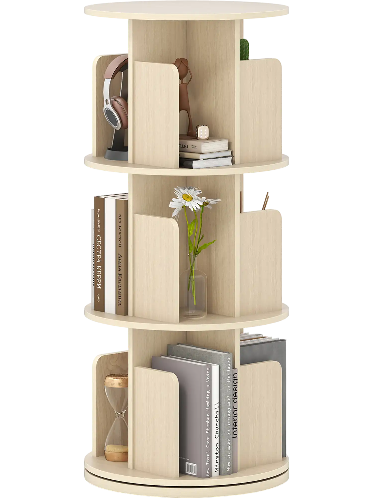 Costway 3-Tier Rotating Bookshelf with Dividers and Anti-Falling Baffles 38046648 New