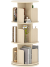 3-tier rotating bookshelf in natural finish with dividers and anti-falling baffles for organized storage and display.
