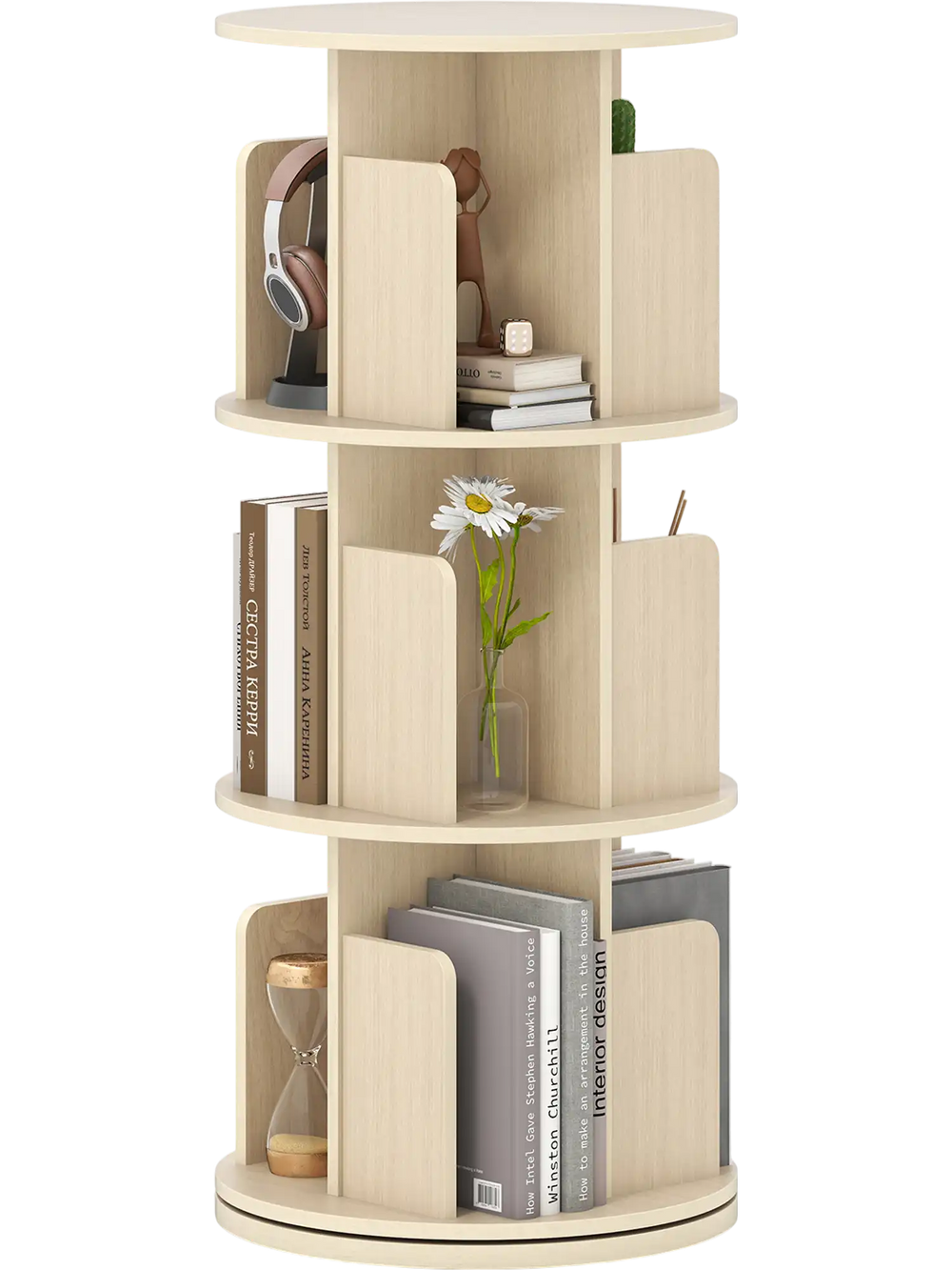 3-tier rotating bookshelf in natural finish with dividers and anti-falling baffles for organized storage and display.