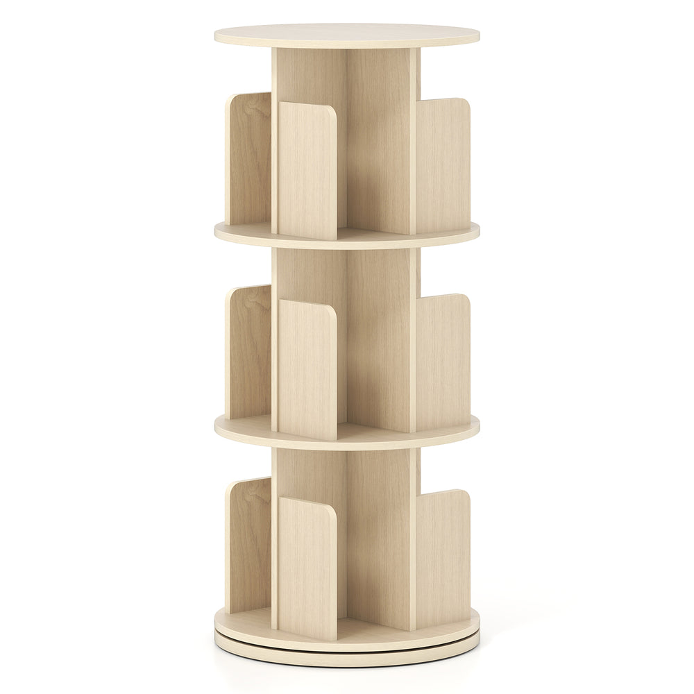 Natural 3-tier rotating bookshelf showcasing open shelves and rounded baffles for versatile, organized storage.