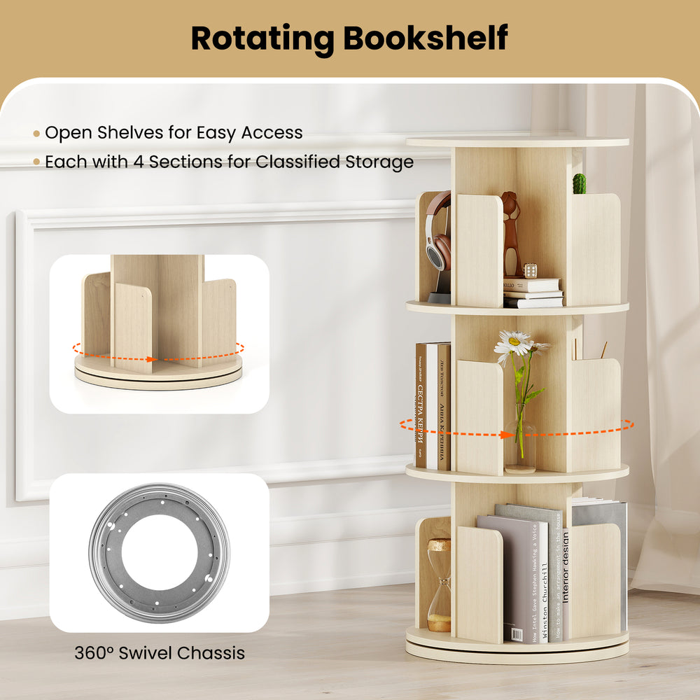 3-tier rotating bookshelf in natural finish with dividers and anti-falling baffles for organized storage and easy.
