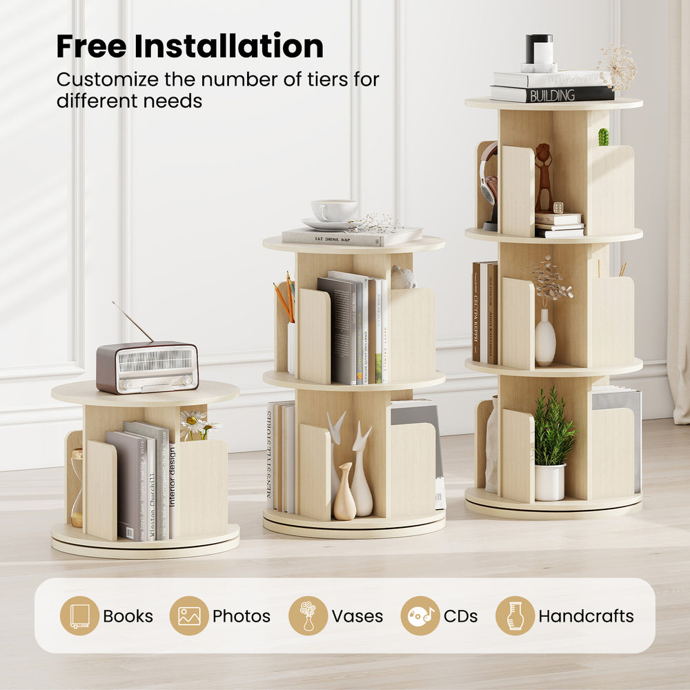 3-tier rotating bookshelf in natural finish with dividers, ideal for organizing books, photos, and crafts in any space.
