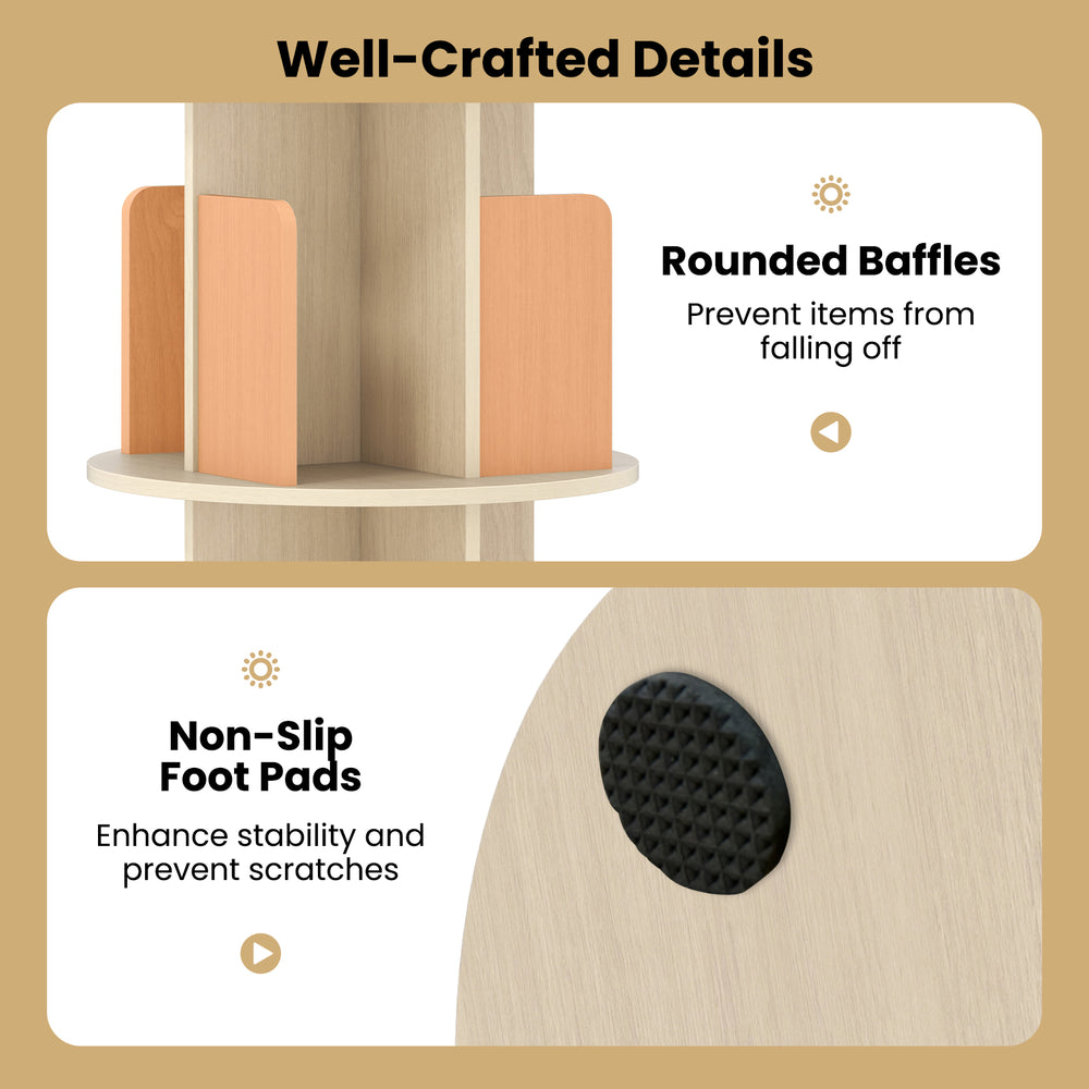 Rounded baffles and non-slip foot pads detail of the 3-tier rotating bookshelf for stable and organized storage.