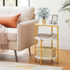 3-tier round end table with gold metal frame and white shelves, ideal for small spaces and bedroom organization.