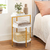 3-tier round end table with gold metal frame and white surface, ideal for small spaces and bedroom organization.