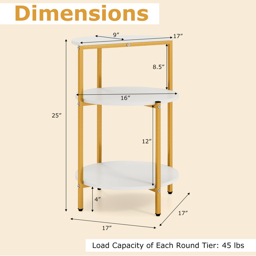 3-tier round end table with white surface and gold metal frame, ideal for small spaces and bedroom organization.